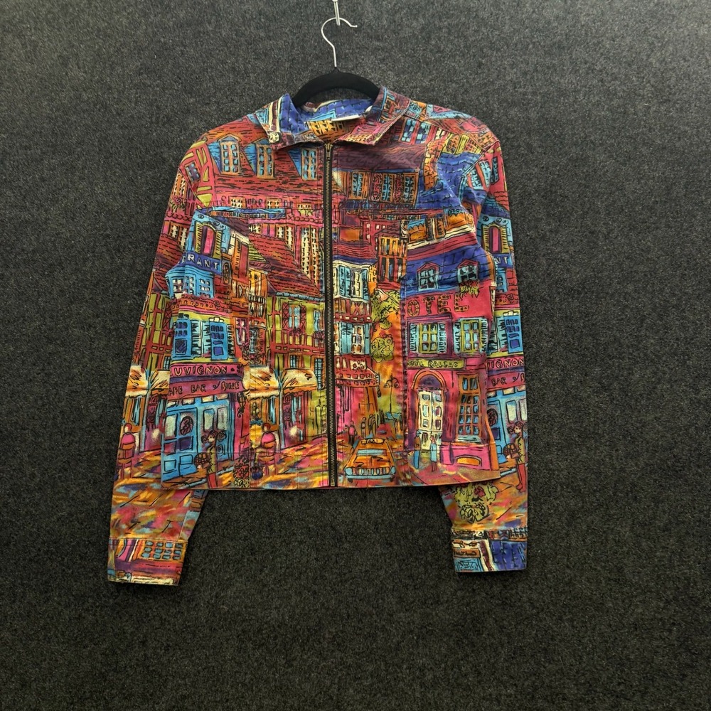 Chicos Vintage 90s Cityscape Art Print Zip Up Jacket Cotton Blend Multi Color 0